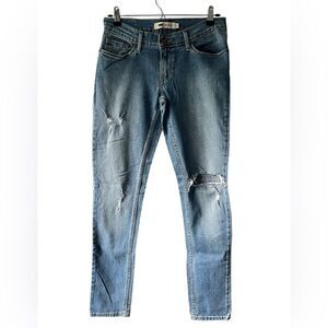 Levis 524 Skinny Stretch Jeans Womens Blue Distressed Ripped Denim Size 7